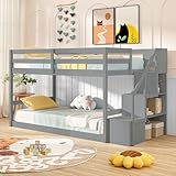 Giantex Twin Over Twin Bunk Bed with Stairs, Solid Wood Floor Bunk Bed with Storage Staircase & Full-Length Guardrails, Low Bunk Bed with for Kids, Teens, Adults, Dorm, Small Space, Grey