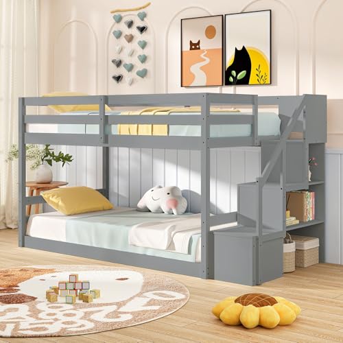 Giantex Twin Over Twin Bunk Bed with Stairs, Solid Wood Floor Bunk Bed with Storage Staircase...
