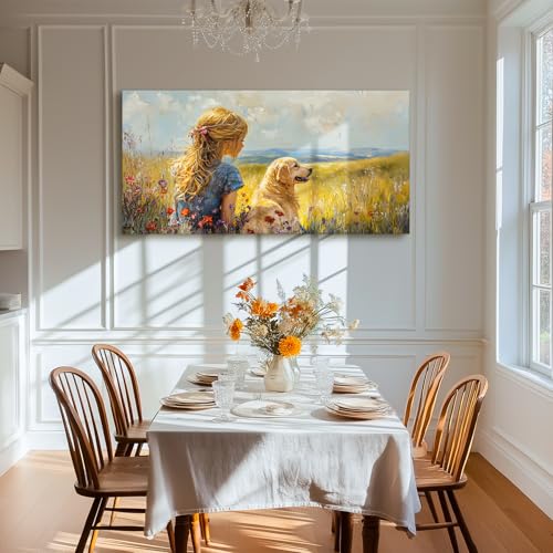 SERIMINO Portrait Animal Extra Large Wall Art, Meadow Landscape Wall Prints, Woman Golden Retriever Dog Canvas Paintings, Rustic Wall Decor Living Room Bedroom Dining Room Farmhouse Cottage 30"X60"