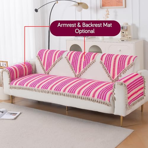 Image of HOKIPO 'Artisan Boho Series' Sofa Cover Mat with Tassel for 3 Seater Sofa | 450 GSM Thick Cotton Acrylic Jacquard Fabric, Fuchsia Pink (IN-904-A5*S)
