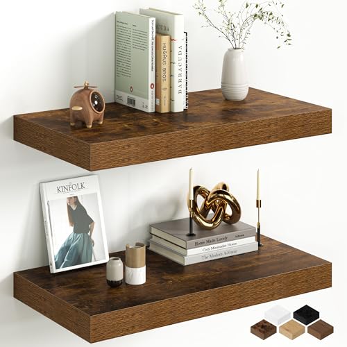 Image of Fun Memories 12 Inch Deep Floating Shelf, 24 x 12 Rustic Wood Wall Shelf for Books, 2 inch Thick Deep Floating Shelf for Storage & Display in Kitchen, Living Room, Bedroom, Rustic Brown, 2 Packs