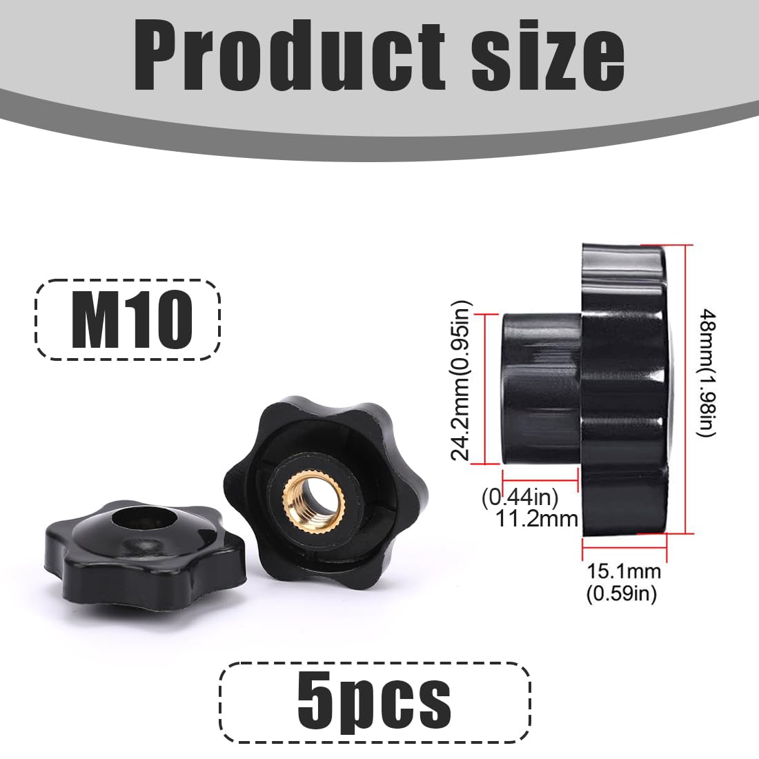 EIR 6 Pcs Dado Con Impugnatura a Stella,M10 Manopola Passante a Testa Esagonale Filettata Femmina,Maniglia con Manopola a Stella Bloccaggio a Vite in Plastica Nera,Dado Filettato Femmina
