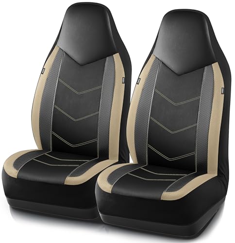 PIC AUTO Leather Car Seat Covers, Sports Carbon Fiber & Mesh Design, High-Back Two Front Set, Waterproof Automotive Seat Covers, Airbag Compatible, Universal Fit for Most Cars (Black & Beige)