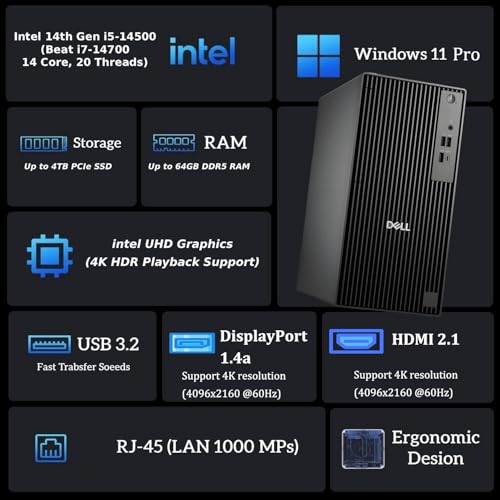 Image of Dell Pro Tower Business Desktop QCT1250 • 2026 Edition • Intel Core i5-14500 (14-Core, 20 Threads, up to 5.0GHz) • 16GB DDR5 • 512GB SSD • Windows 11 Pro
