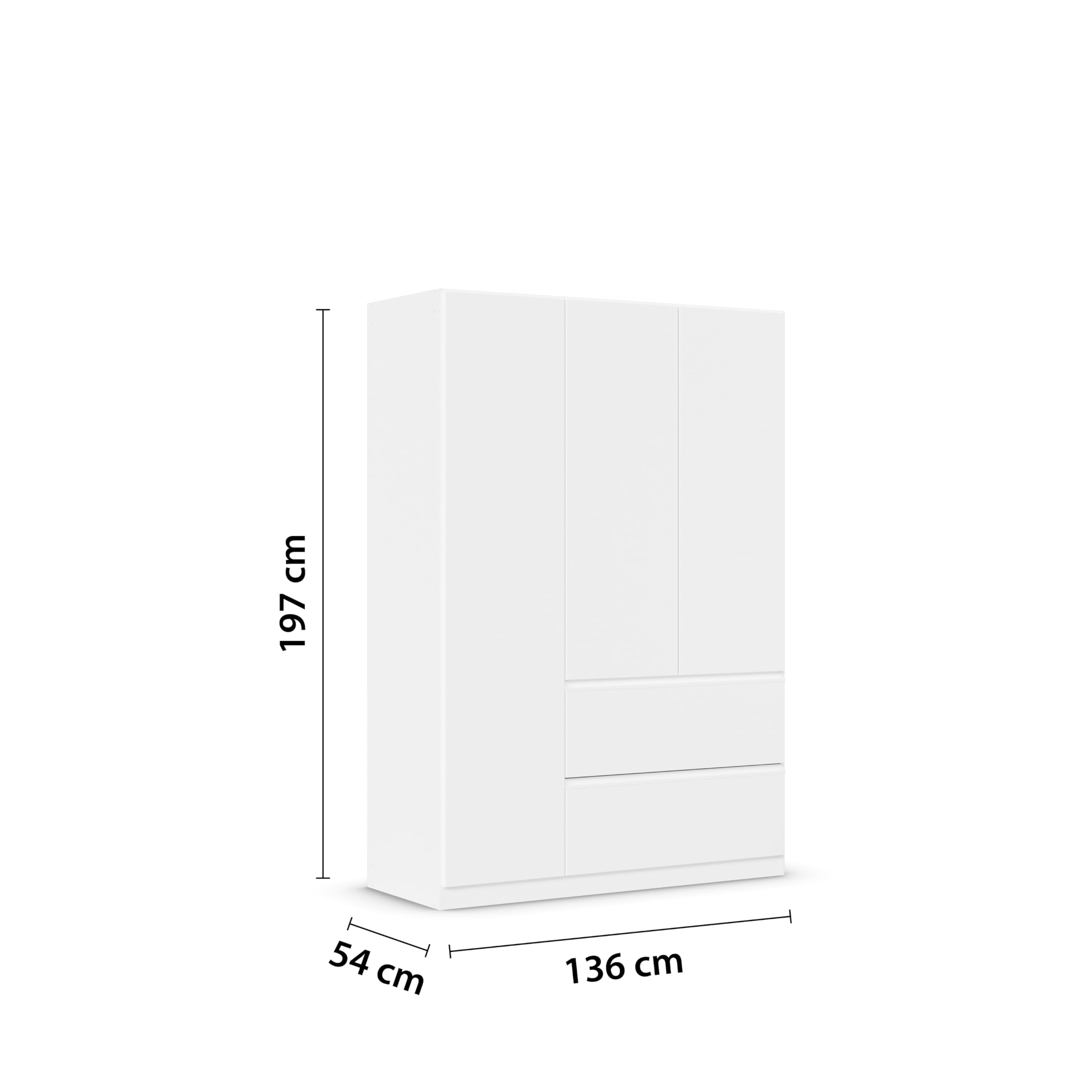 Rauch Möbel Costa, Kleiderschrank für Schlafzimmer, Kinderzimmer, Babyzimmer, Jugendzimmer, Flur, Garderobe 3-türig, 2 Schubladen, Push-to-Open, Farbe Weiß, Breite 136 cm