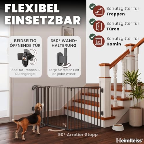 Heimfleiss® Kaminschutzgitter Baby mit Sicherheitsverschluss | Ofenschutzgitter für Kinder & Hunde | Ofengitter Kinderschutz aus Stahl | Universal nutzbar als Kamin-, Tür- & Treppenschutzgitter (Grau)