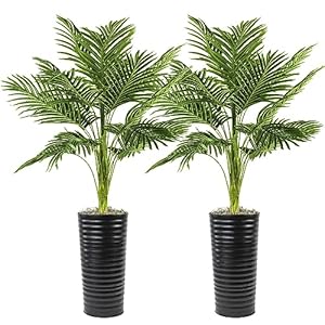 Two Plant Bundle – 4FT Artificial Palm Plant in Black Ribbed Metal Pot (Pack of 2) – Natural, Lifelike Foliage & Stems – Faux House Plant for Décor at Home, Office, Living Spaces – by LCG Florals