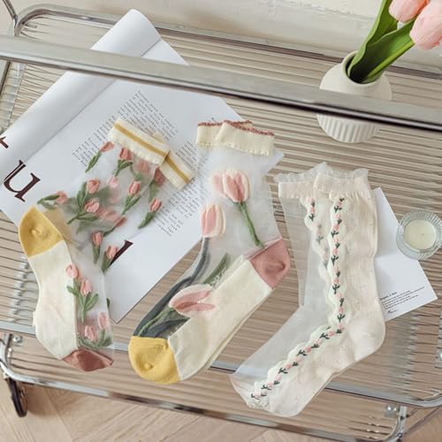 Image of Starella Womens Summer Sheer Socks Mesh Cute Floral Dress Sock Transparent Nylon See Through Stockings 3 Pairs