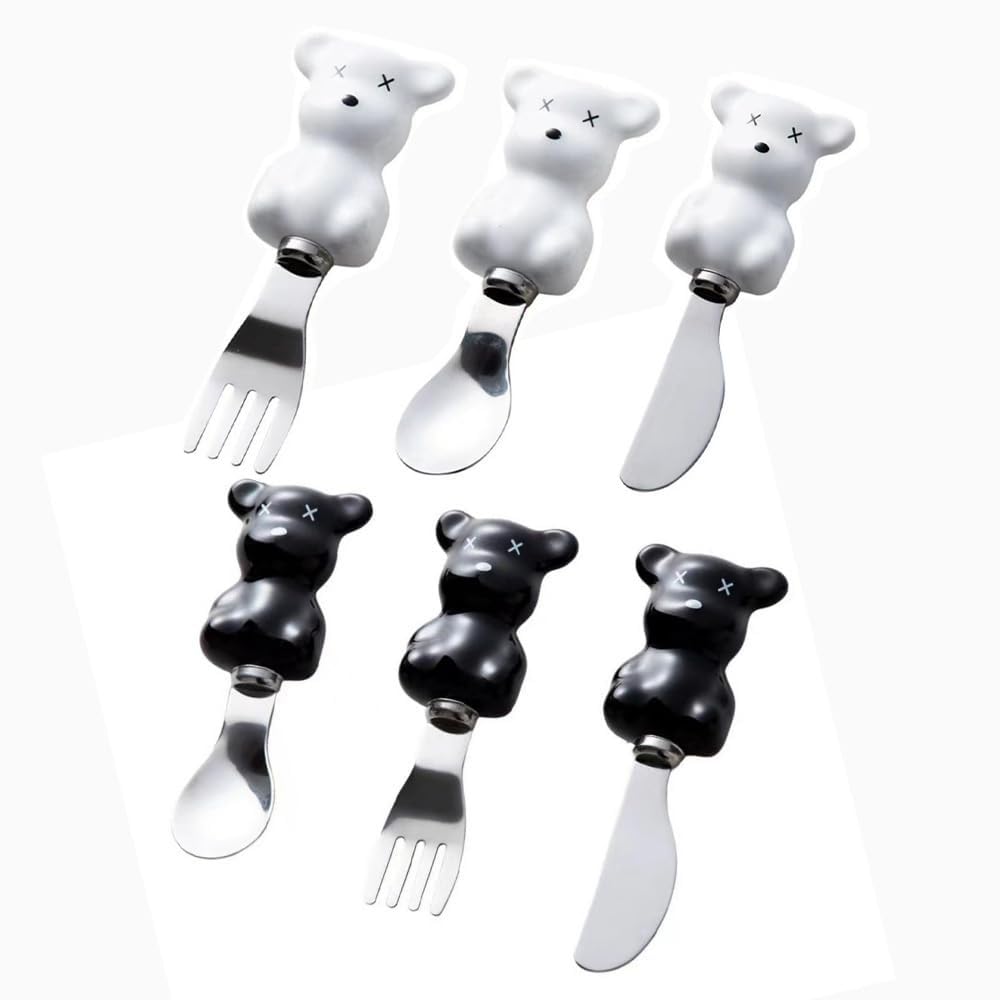 6 PZ Mini 13,5 Cm/5,3 Pollici Simpatico Orsetto Manico in Ceramica Cucina Posate in Acciaio Inossidabile Stoviglie Posate Coltelli Forchette Cucchiai Set Per 2 Persone (Bianco+Nero)