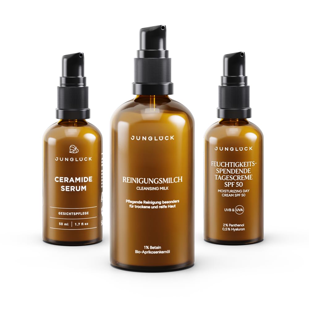 JUNGLÜCK Set Rötungen lindern SPF 50 | Reinigungsmilch + Ceramide Serum + Feuchtigkeitsspendende Tagescreme SPF 50 – beruhigt & schützt