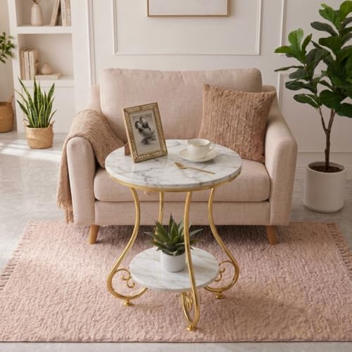 Image of CARTADEN 2 Tier End Table in Living Room, Industrial Style Round Bedside Table with Storage, Small Outdoor Coffee Table for Bedroom Balcony Patio