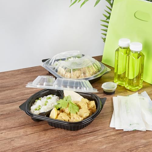 Image of Restaurantware-Chef 101 28 Ounce Meal Prep Containers, 100 Microwavable To Go Containers With Lids - 2 Compartments, Disposable, Black Plastic Oval Food Containers, For Hot And Cold Food, Freezable