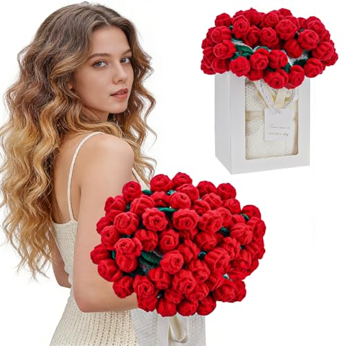 HOYWOUL Crochet Flower Bouquet Blanket Birthday Gifts for Women Handmade Red Floral Throw Blanket Gifts for Mothers Day Wedding Anniversary Girlfriend(Red 43)
