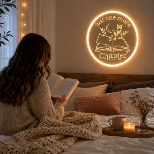 Image of Just One More Chapter Reading Nook Neon Sign, Dimmable Warm White LED Acrylic Wall Decor, 12V Book Lover Neon Light for Bedroom, Home Library, Reading Corner Decoration