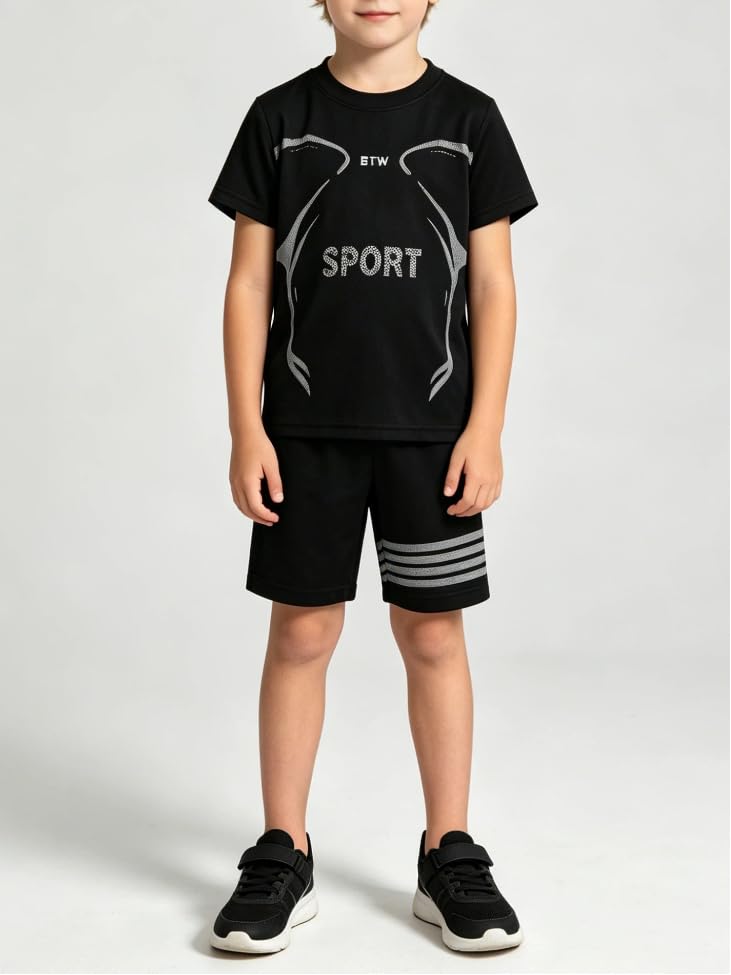 Image of Boys Clothes Short Set 6 Piece Outfit Athletic T-Shirt and Quick Dry Shorts Kids Summer Clothing Set Size 3-14
