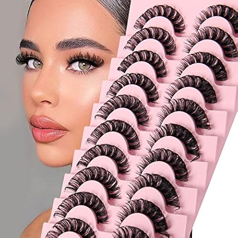 Riya False Eyelashes Russian Strip Lashes Natural Fluffy Wispy D Curly 10 Pairs Reusable Fake Eyelashes Faux Mink Eyelashes Thick Short Soft Eyes Lash (002) Cover