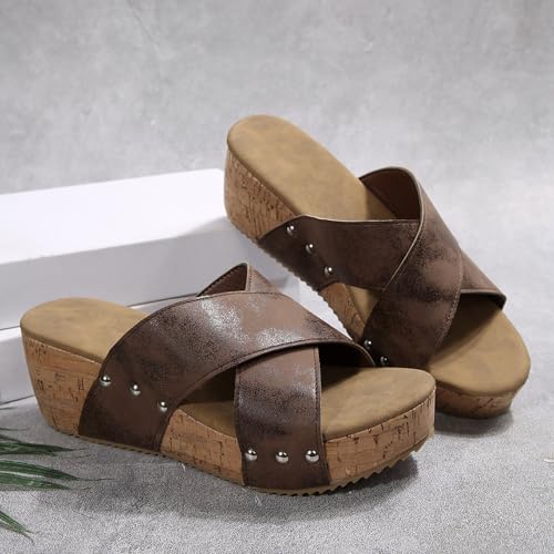 Women's Summer Cork Slide Sandals Slip on with Studded Footbed Open Toe Slippers Criss Cross Wedge Sandals3