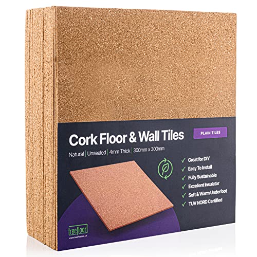 Treefloor Natural Plain Cork Tiles - 300mm x 300mm x 4mm (Plain, 25, Tiles), Light Brown, 300 mm x 300 mm x 4 mm