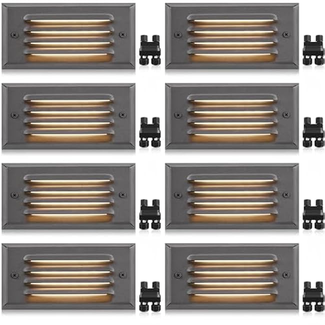 SUNVIE Low Voltage Step Lights - Outdoor Stair Lights 5W LED with Horizontal Louver Faceplate for Steps, Stairs, Fences 12V 3.2FT ETL Listed Wire Fastlock2 Connectors Included, 8 Pack