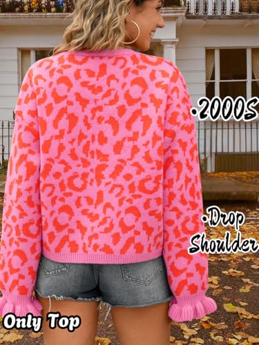Womens 2000s Bow Cardigan, V-Neck Tie Open Front Loose, Leopard Ruffle Cuffs Knit Sweater, Cute Valentines Outfit3