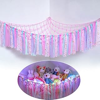 Beinou Toy Hammock Stuffed Animal Storage Soft Cuddly Plush Corner Hanging Net Hand Woven Large Macrame Tassel Organizer with LED Light for Kids Bedroom Nursery