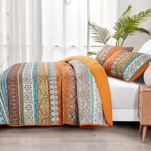 Conjunto bohemio a rayas naranja tamaño queen para dormir sin pasar calor 4