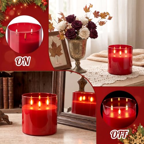Image of Retisee 6'' x 6'' Extra Large Flameless Candles, 3 Wick Glass Large Fall Candles with Remote Control and Timer Function, Real Wax LED Pillar Flickering for Autumn Party Decor(Classic,Red,1 Pcs)