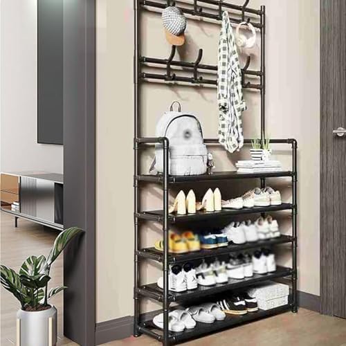 Portable Tall Shoe Rack, 16-20 Pairs Boot Organizer, Sturdy Narrow Storage Shelf with Hooks for Entryway & Closet, Black Door Cabinet (80x172cm/31.4x67.7in)