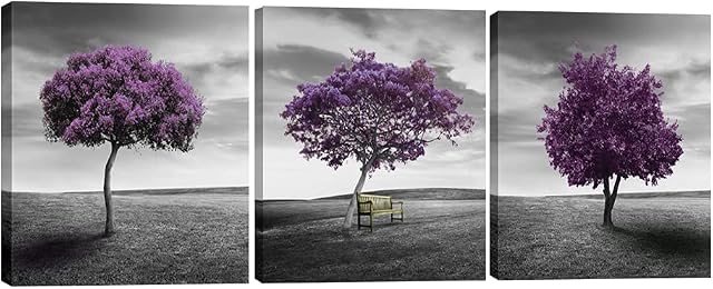 Pyradecor 3 Panels Purple Trees Large Modern Gallery Wrapped Landscape Artwork Giclee Canvas Prints Fall Forest Pictures Paintings on Canvas Wall Art for Living Room Bedroom Home Office Decor