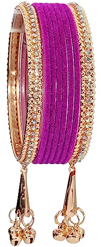 Image of NMII Metal with Zircon Gemstone and Velvet Studded Bells Latkan Bangles Set For Girls and Women I Latkan Bangles, Premium Bangle Bracelet Set I Pack of 16 Bangles