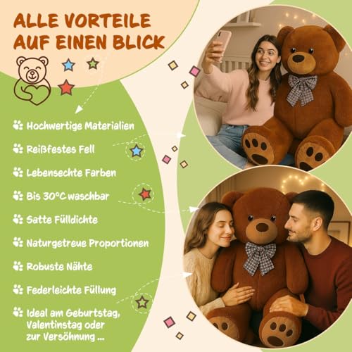 Monzana® Teddybär L - XXXL 50-175cm Weiches Fell Schleife Tatzendruck Geschenk Plüschtier Kuscheltier Stofftier Riesen Teddy Bär