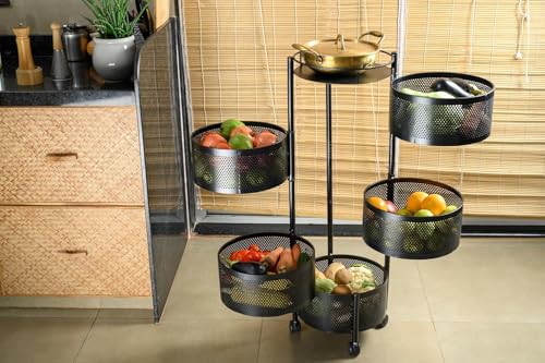 Image of KITCHIVO Kitchen Storage Rack | Revolving Vegetable Rack | Square Multipurpose Storage Trolley with Wheels | Metal Fruit Rack (Black Round, 5 Layer)