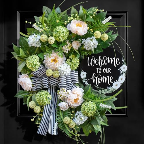 Spring Summer Wreaths for Front Door Half Circle Summer Wreath with Hydrangea & Peony Striped Bow & Welcome Sign 24 Inch Indoor/Outdoor Seasonal Housewarming & Festive Spring Door Wreath Decor