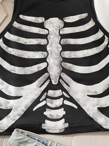 SHENHE Women's Ribbed Knit Skeleton Print Crew Neck Graphic Fitted Crop Tank Top Shirt4