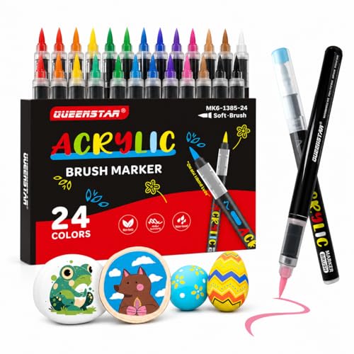 Image of Shopiable Store Acrylic Paint Markers Brush Tip, Vivid Colors with Direct-Liquid Ink System, Professional-Grade Paint Pen for Rock Painting, Canvas, Glass, Plastic, Fabric & Creative Crafts (24)