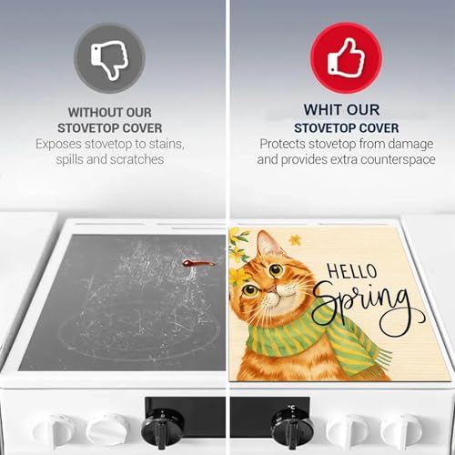 Image of HOMETITUTE Spring Cat Stove Top Covers for Electric Stove 28x20 Inches Heat Resistant Glass Cooktop Protector Pad Decorative Stovetop Cover Dish Drying Mats for Kitchen Countertop Coffee Bar Decor