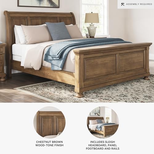 Image of Signature Design by Ashley Traditional Wood King Sleigh Bed Frame | Poplar solids, Pine veneer and engineered wood, Laminated support rails, King size sleigh bed, Glarrison Series