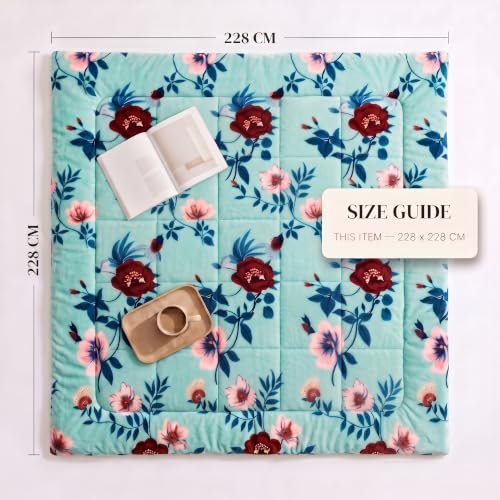 Image of SANMARINO Luxury Flannel Quilted Comforter for Double Bed | Ultra Soft Plush Razai with Modern Floral Design | Fuffly, Cozy All Season Blanket for Mild & Heavy Winter |220x230 cm,Aqua Blue & Teal