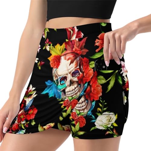 Jupe de tennis crâne coloré avec poche short de sport intégré pour femme