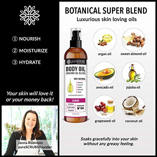 Purescrubs Ultra Moisturizing Jasmine Body Oil Spray For Dry Skin, Massage, Cuticles & More - Organic Super Blend Of Jojoba, Argan, Coconut, Sweet Almond & Avocado Enriched With Vitamin E - Lg 4Oz #TOP6