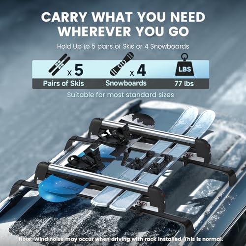 Alpinista Ski & Snowboard Rack for Car Roof with Sliding Extension, Snowboard Roof Rack Fits 5 Ski Pairs or 4 Snowboards, Aluminum, Universal for Square/Rectangular/Aero Bars