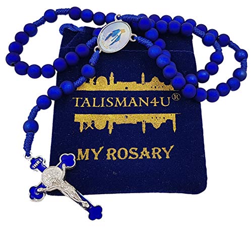 TALISMAN4U Deep Blue Rosary Beads Catholic Prayer Necklace with Saint Benedict Crucifix Our Lady of Grace Medal Religious Gift Rosary Pouch4