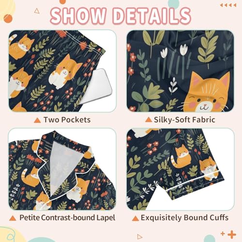 senya Cute Cats with Leaves Satin Summer Pajama Sets Silk Short Sleeve Button Down Sleepwear3