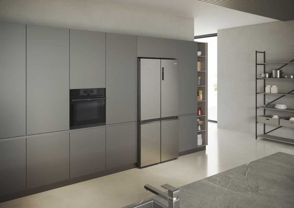 Haier Cube 90 Series 5 Frigorifero Multidoor 4 Porte 528 Litri, Total No Frost, Air Surround, MyZone, Humidity Zone, T-ABT, Inverter, Classe E, 190 x 90,8 x 64,8 cm, Platinum Inox HCR5919ENMP