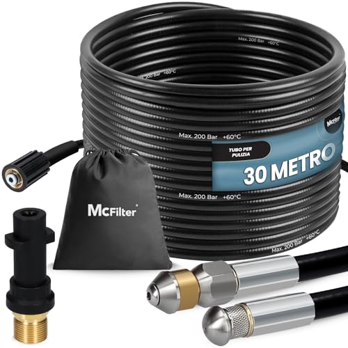 McFilter I Set di tubi universali per la pulizia dei tubi, 30 m, 200 bar, incluso sacchetto con adattatore, ugelli fissi + rotanti, compatibile con le idropulitrici Kärcher K2 K3 K4 K5 K6 K7
