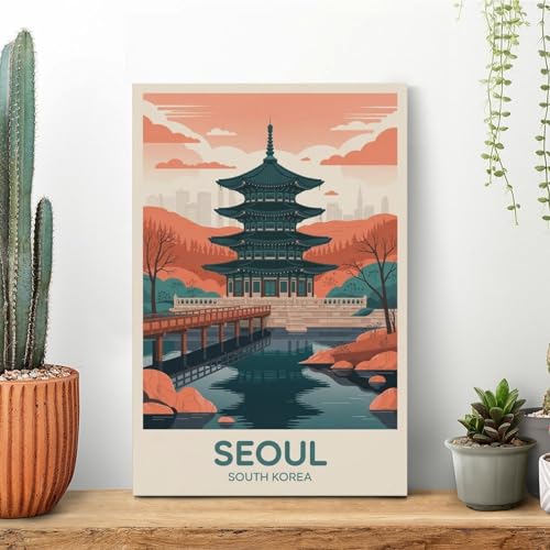 Poster voyage Séoul vintage 50x75 cm : grande affiche paysage coréen pour déco murale salon