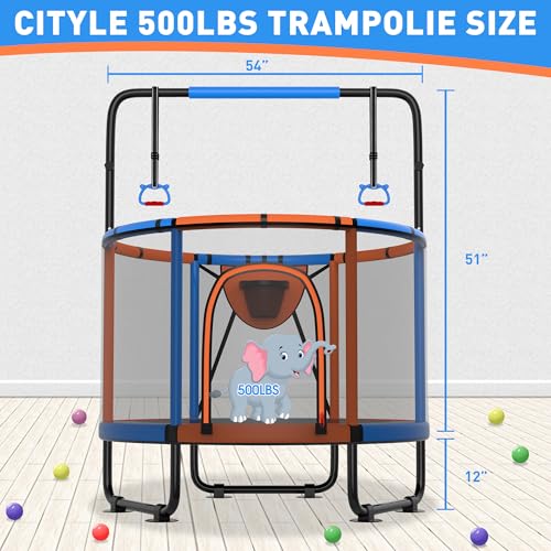Trampoline for Kids 600LBS 4.5FT 5FT 5.5FT Toddler Indoor Outdoor with Safety Net, Swing, Adjustable Bar, 54'' 66'' Mini Small Trampoline with Basketball Hoop