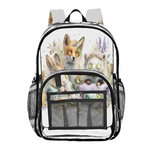 Rabbit Fox Hedgehog Watercolor Clear Backpack Heavy Duty See Through Transparent PVC BookBag for Kids Boy Girl School Work