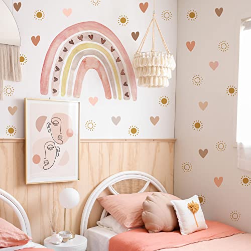 Image of funlife Large Watercolor Rainbow Wall Decals Peel and Stick, Boho Yellow Sun Decal Boho Heart Wall Sticker for Girls Bedroom Decor, Kids Nursery Room Sunrise Playroom Wall Art Decor Decal