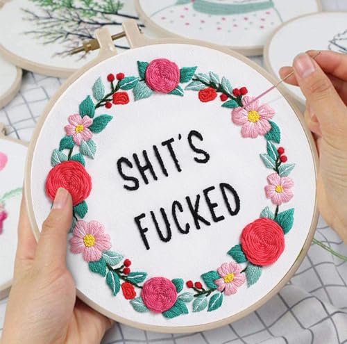 Image of Louise Maelys Funny Embroidery Kit for Beginners,Cross Stitch Kits for Adults,Flower Wreath Needlepoint for Starters Including Instruction and Threads